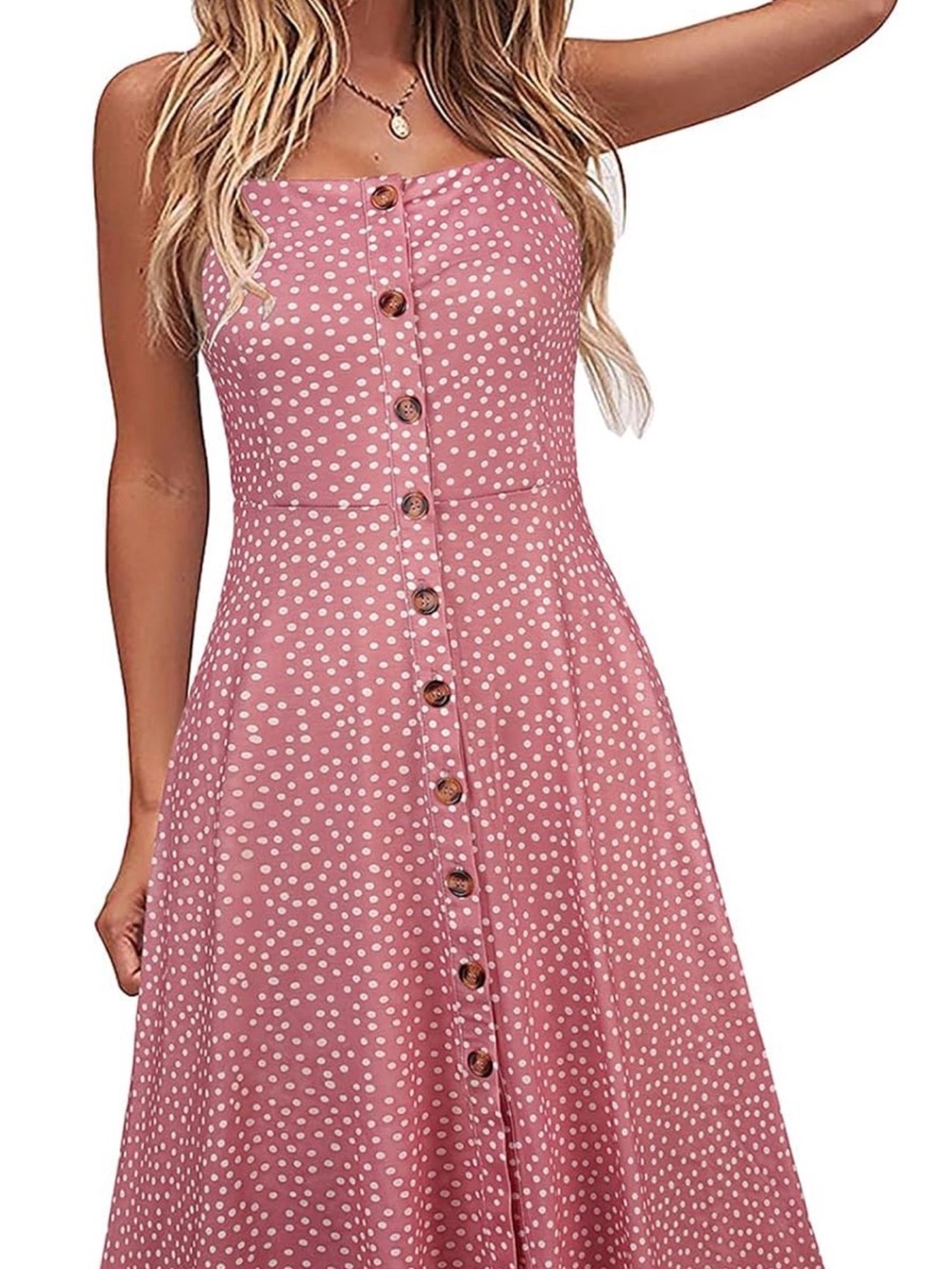NWT Sleeveless Pink Polka Dot Button-Front Midi Dress